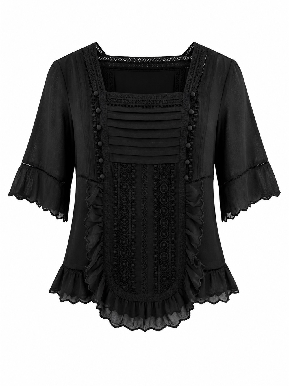 Black Lace-Trimmed Boho Top With Ruffle Details & 3/4 Sleeves 100% Cotton Blouse